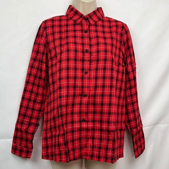 Meaneor red and black plaid button-down long sleeve collar shirt for wom… - Picture 1 of 13
